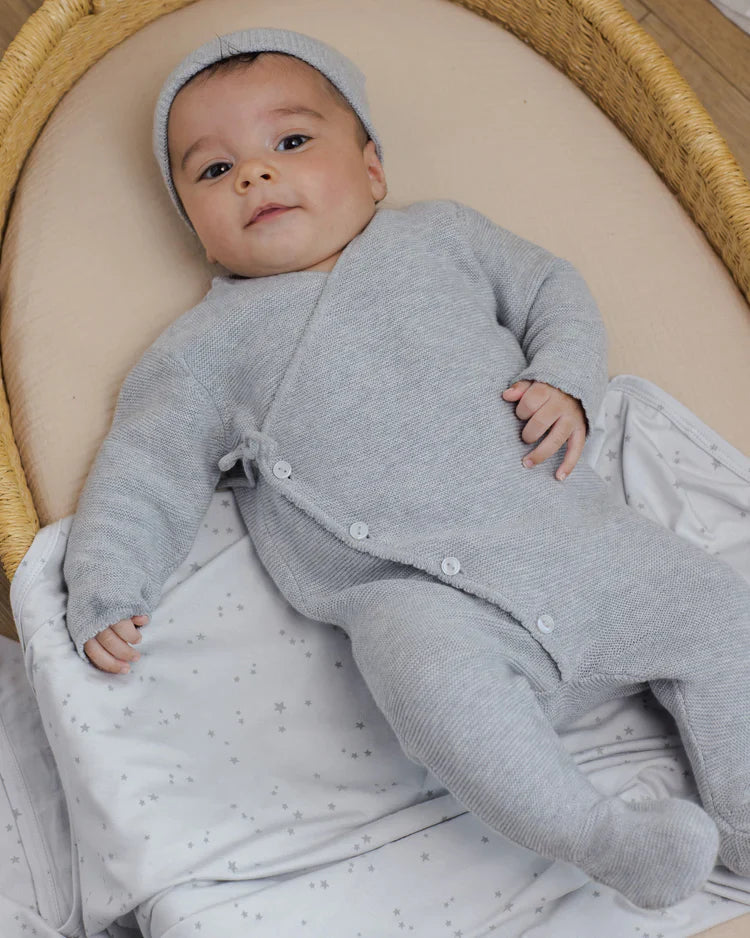 Wrap Knit Footie | Heathered Dusty Blue | Quincy Mae