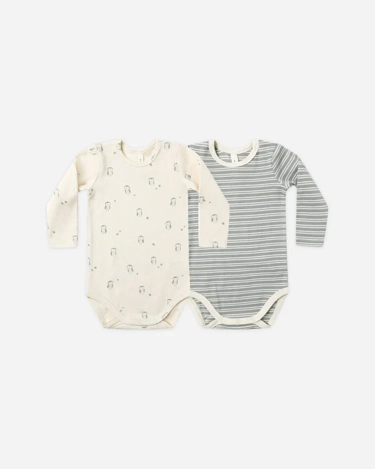Ribbed Bodysuit, 2 Pack | Steel Blue  Micro Stripe, Owls | Quincy Mae