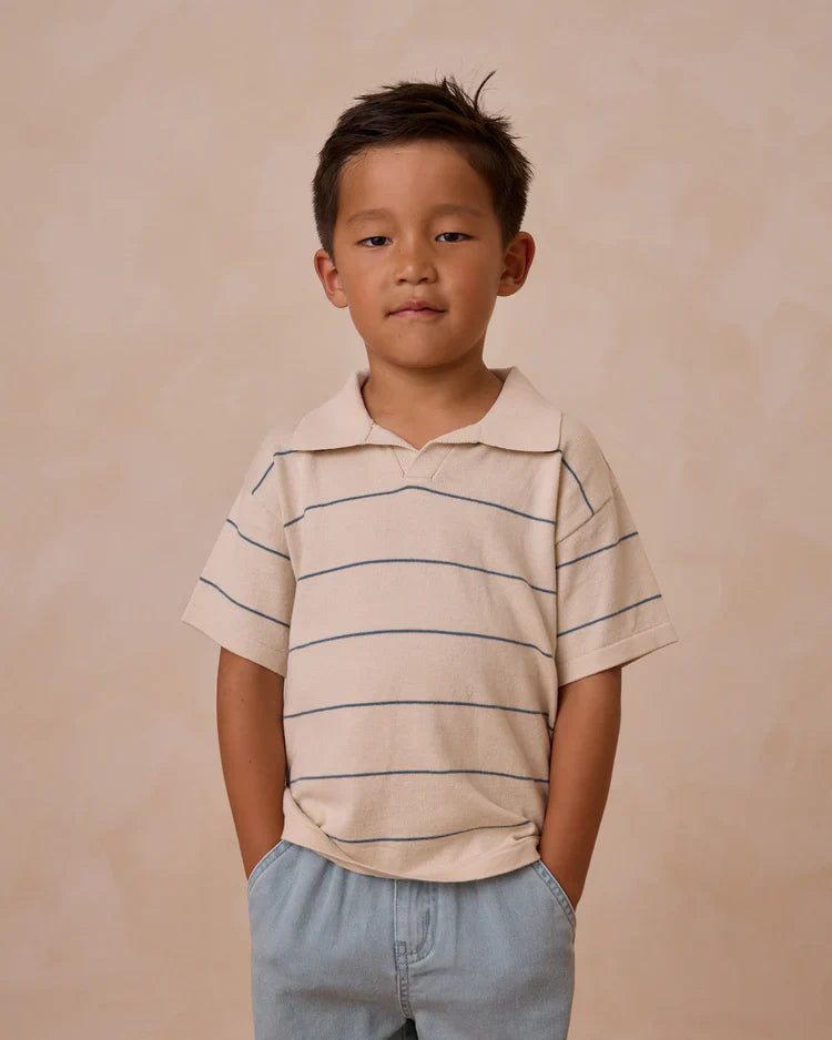 Chandler Knit Polo Top with Matching Shorts| Blue Stripe | Rylee & Cru