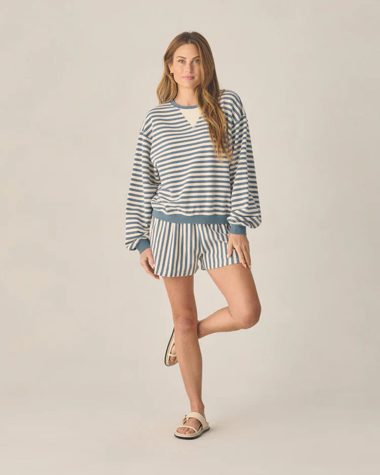 Ladies Oversized Crew + Short Set | Marine Stripe | Rylee & Cru