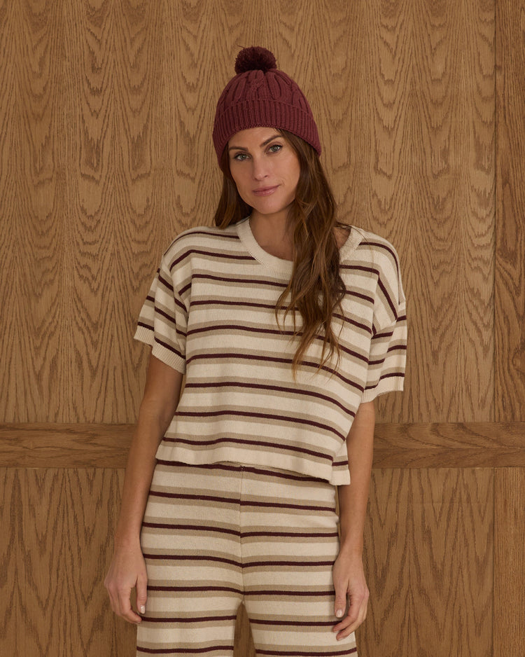 Teen Boxy Crop Knit Tee | Burgundy Stripe | Rylee & Cru