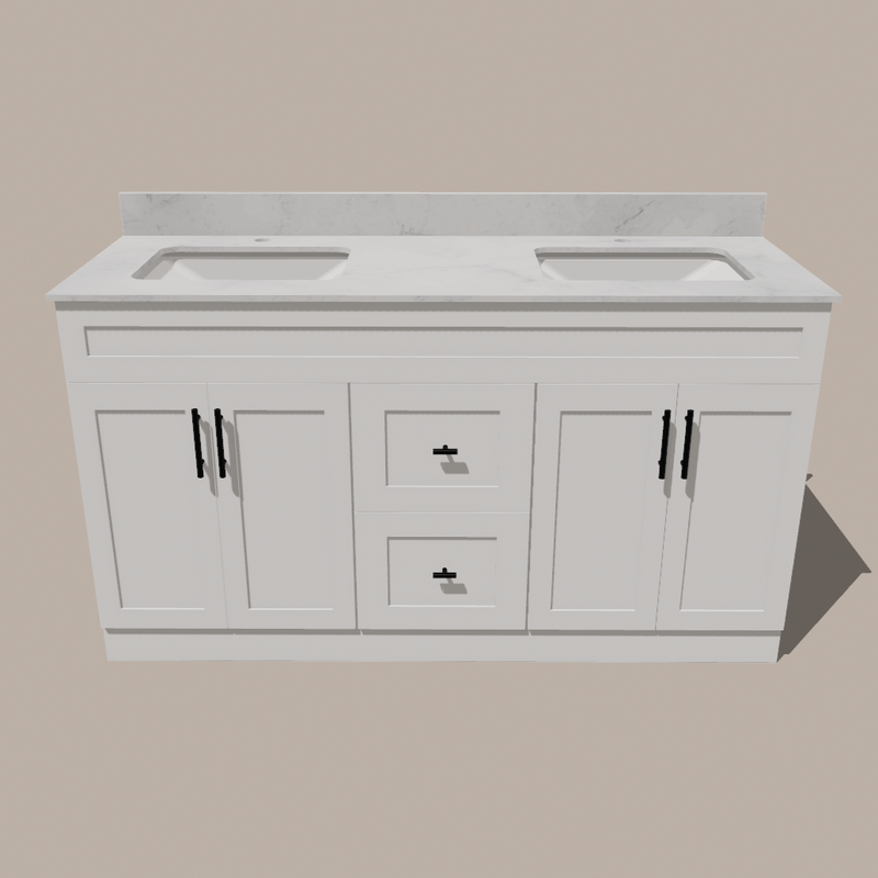 60-Inch Double Sink Shaker Bathroom Vanity — White or Gray | Plywood Cabinet, Solid-Wood Doors, Soft-Close 3-Way Clip-On Hinges | Center Drawers