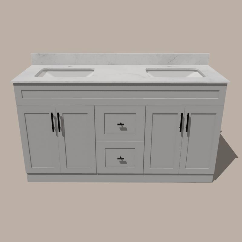 60-Inch Double Sink Shaker Bathroom Vanity — White or Gray | Plywood Cabinet, Solid-Wood Doors, Soft-Close 3-Way Clip-On Hinges | Center Drawers