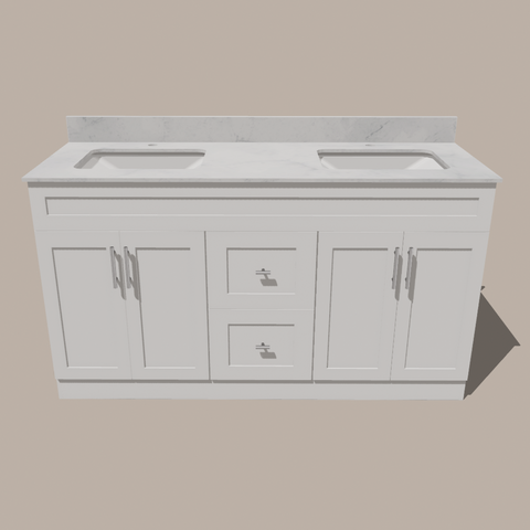 60-Inch Double Sink Shaker Bathroom Vanity — White or Gray | Plywood Cabinet, Solid-Wood Doors, Soft-Close 3-Way Clip-On Hinges | Center Drawers