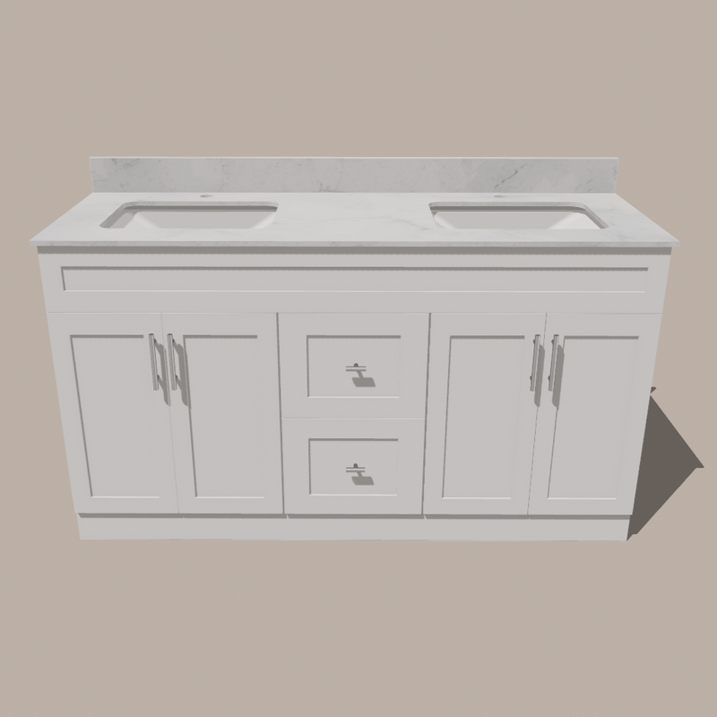60-Inch Double Sink Shaker Bathroom Vanity — White or Gray | Plywood Cabinet, Solid-Wood Doors, Soft-Close 3-Way Clip-On Hinges | Center Drawers