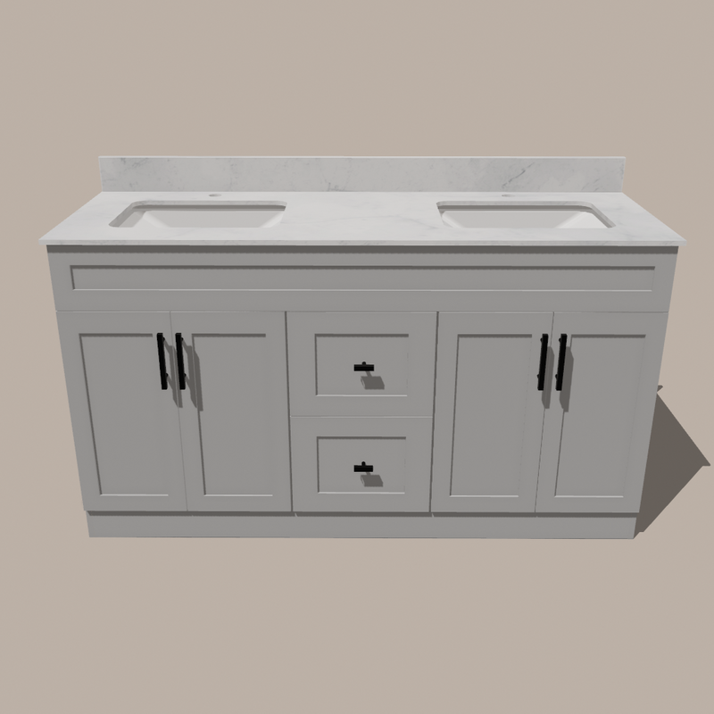 60-Inch Double Sink Shaker Bathroom Vanity — White or Gray | Plywood Cabinet, Solid-Wood Doors, Soft-Close 3-Way Clip-On Hinges | Center Drawers