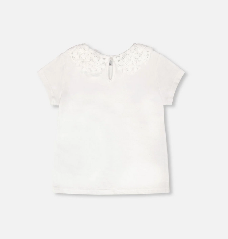 T-Shirt with Crochet Peter Pan Collar | White | Duex par Deux