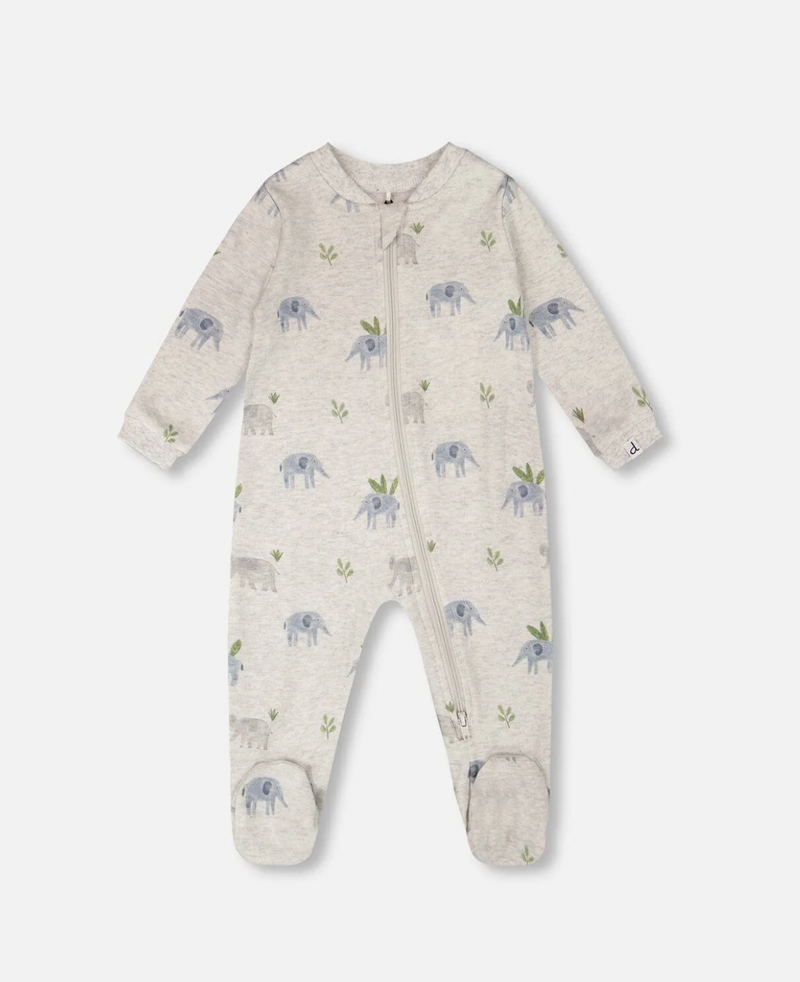 Organic One Piece PJ | Elephant Print on Grey | Deux Par Deux
