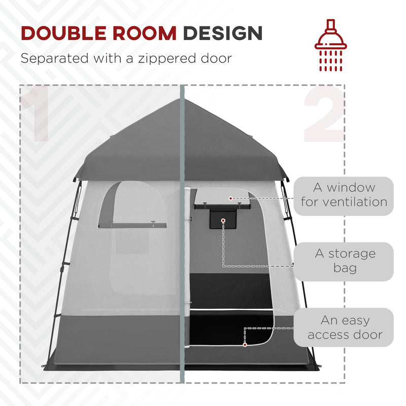 Outsunny Outdoor Portable Pop Up Shower Tent Changing Tent Privacy Enclosure with 2 Rooms, Shower Bag, Floor for Camping, Dark Grey