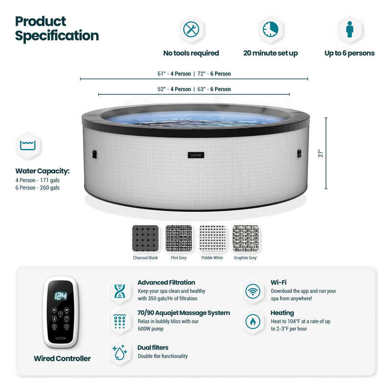 Wave | Tahoe | 4/6-Person Eco Foam Hot Tub | Round | Built-In Integrated Heater