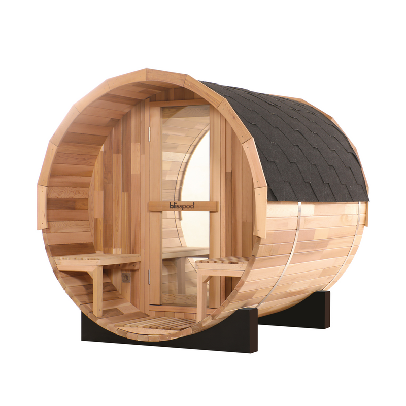 Blisspod | Prague | Canadian Red Cedar Outdoor Steam Barell Sauna, 2-4 / 4-6 persons with Full Glass Back & 2 front Porch seats