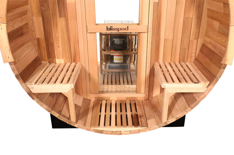 Blisspod | Prague | Canadian Red Cedar Outdoor Steam Barell Sauna, 2-4 / 4-6 persons with Full Glass Back & 2 front Porch seats