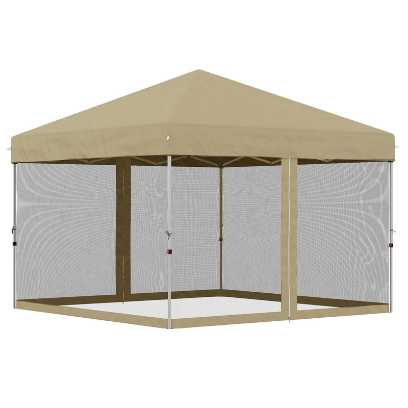Outsunny 10' x 10' Pop-Up Party Tent Outdoor Canopy Tent with Mesh Sidewalls, 3-Level Adjustable Height, Roller Bag, Khaki
