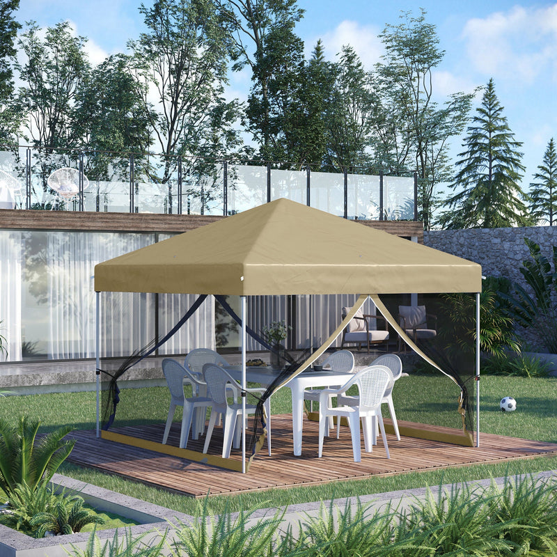 Outsunny 10' x 10' Pop-Up Party Tent Outdoor Canopy Tent with Mesh Sidewalls, 3-Level Adjustable Height, Roller Bag, Khaki