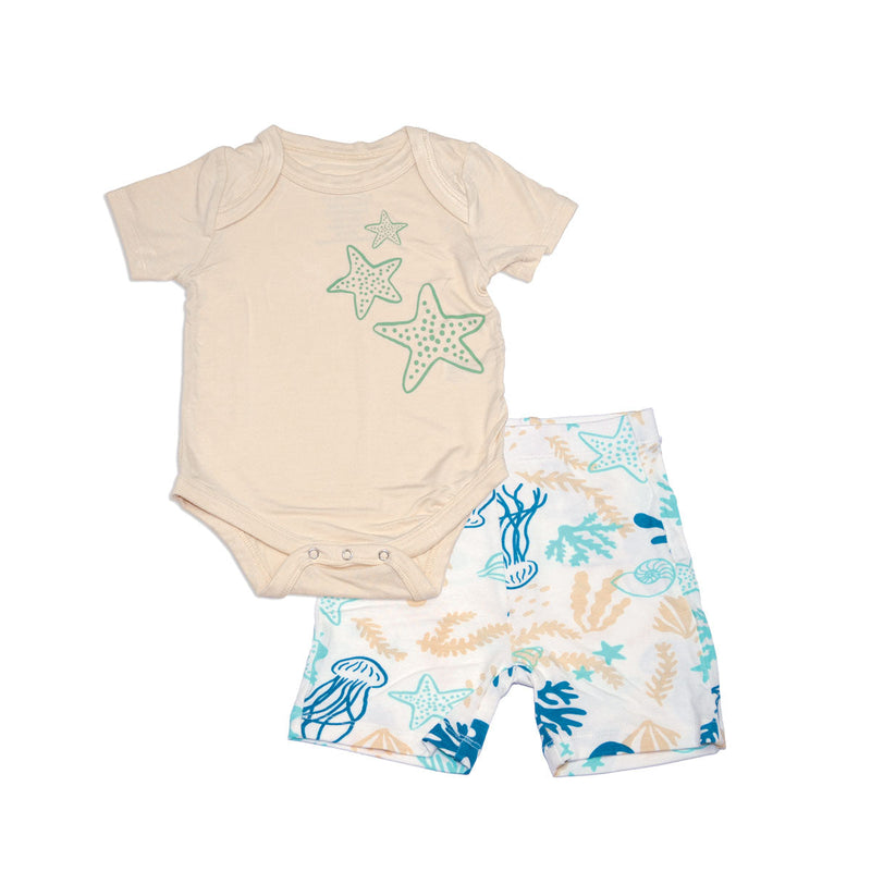 Bamboo Short Sleeve Onesie & Short Set (Soft Sand/Reef Print)