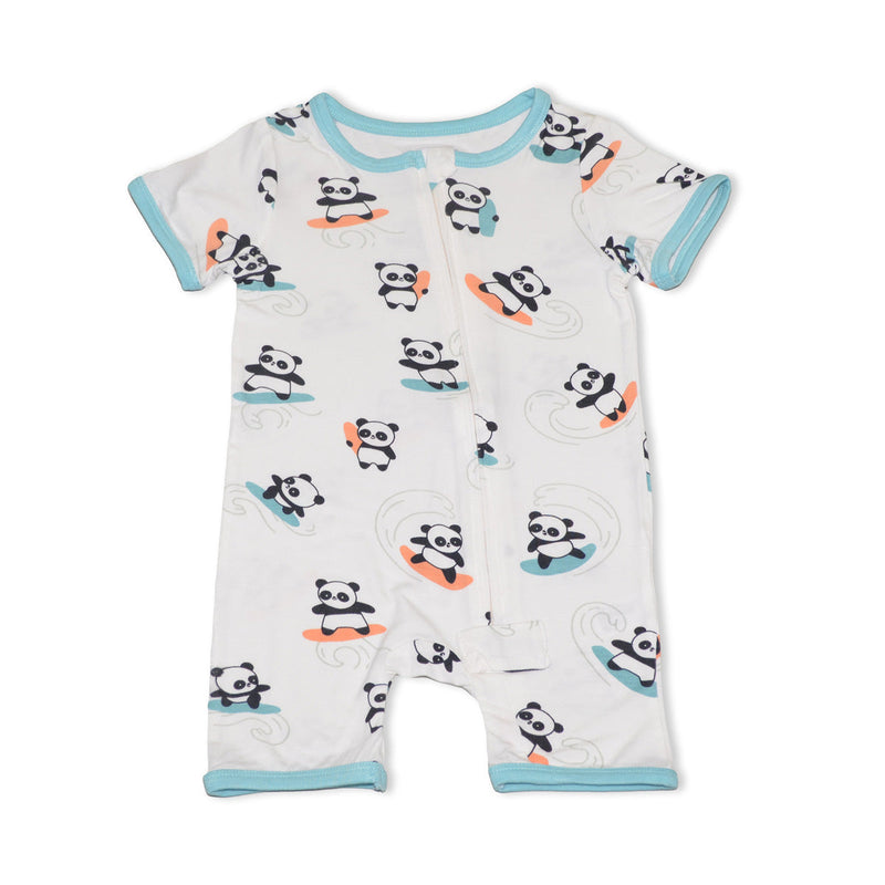Bamboo Short Sleeve Zippy Romper (Surfs Up Panda Print)