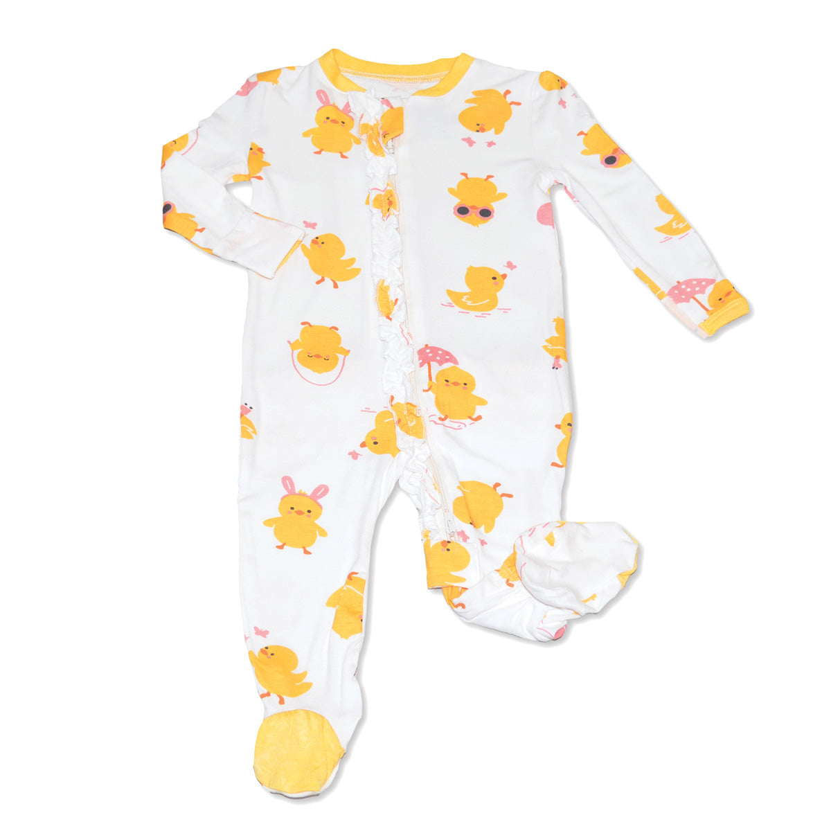 Bamboo Ruffle Footies with Two Way Zipper (Little Chick Print) — Home ...