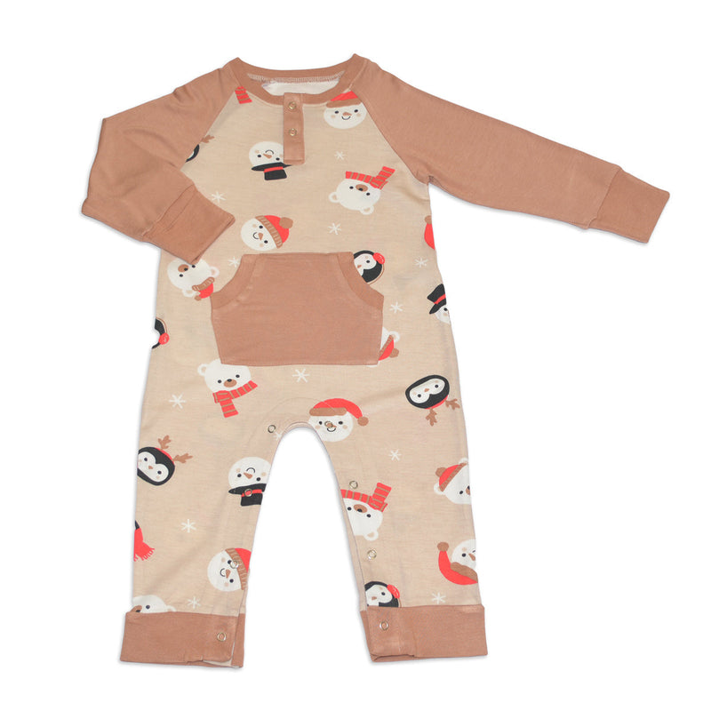 Bamboo L/S Romper w/Kangaroo pkt (Snowy Faces Print)