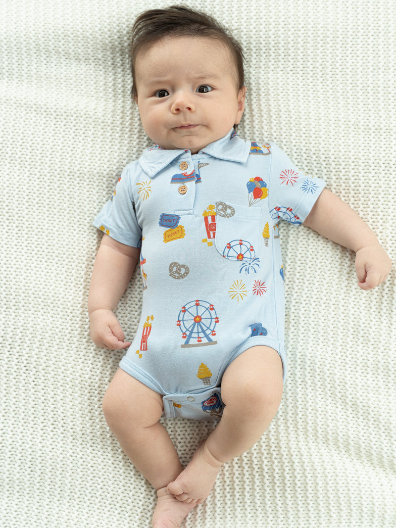 Bamboo Short Sleeve Polo Onesie (Funland Print)