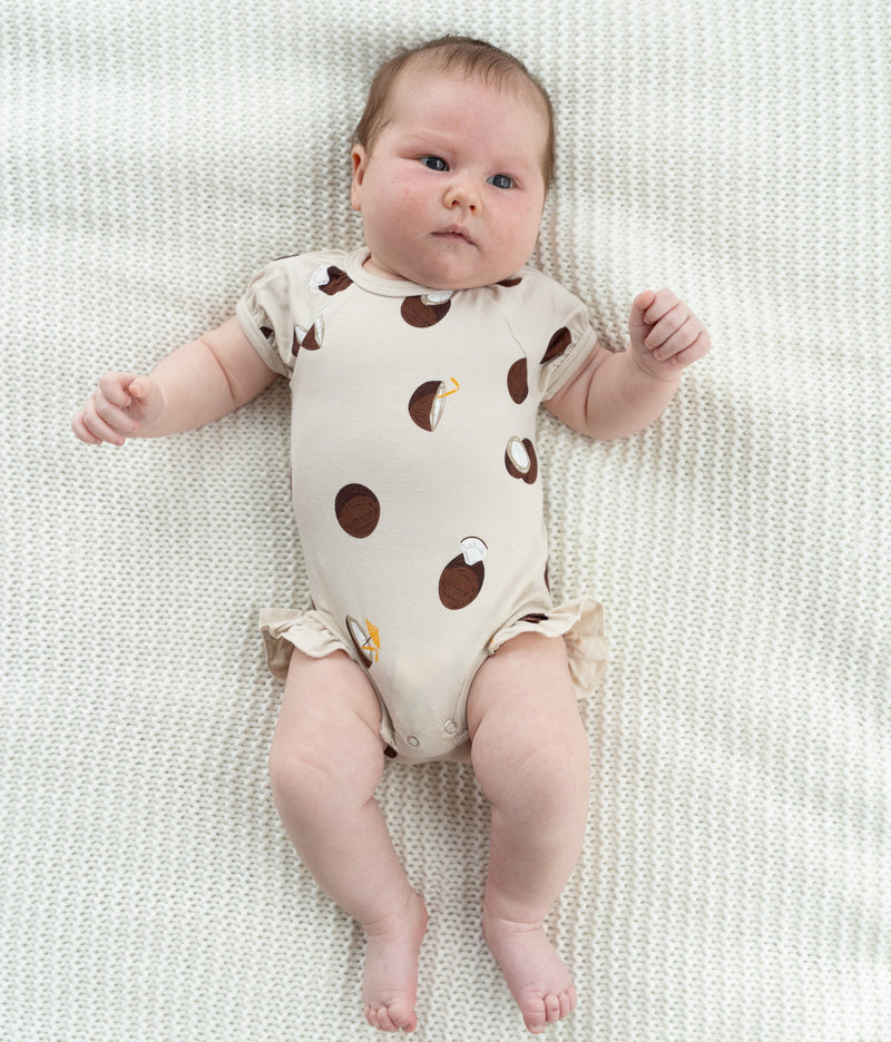 Bamboo Short Sleeve Ruffle Onesie (Coconut Print)