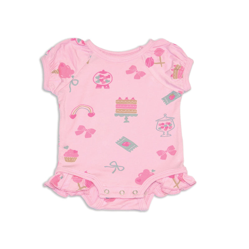 Bamboo Short Sleeve Ruffle Onesie (Sweet Shop Print)