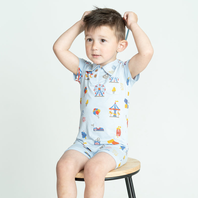 Bamboo Short Sleeve Polo Romper (Funland Print)