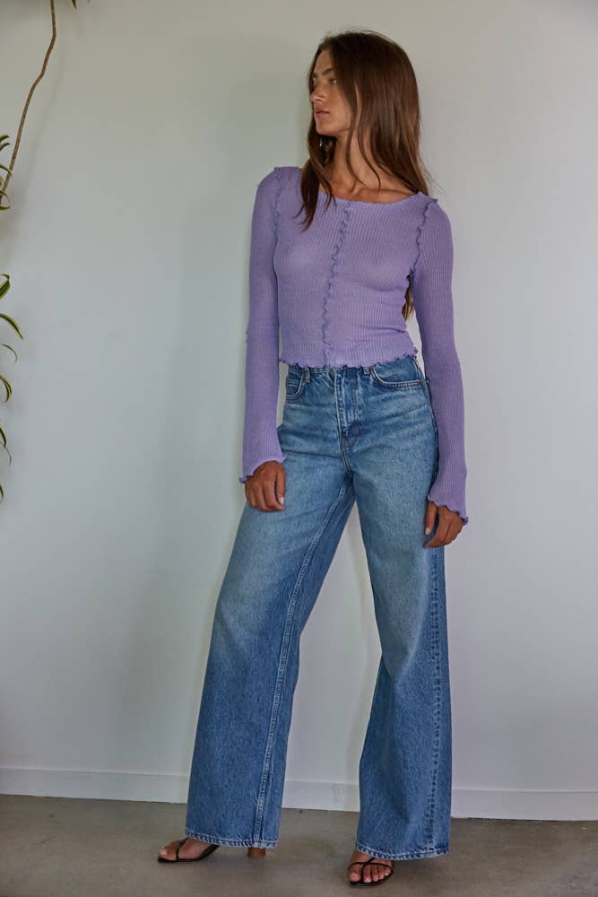 By Together - L7723 | Knit Rayon Nylon Rib Long Sleeve Lettuce Edge Top - Home & Well 