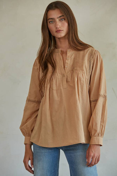 By Together - L7592 | Woven Cotton Long Sleeve Button Up Round Neck Top