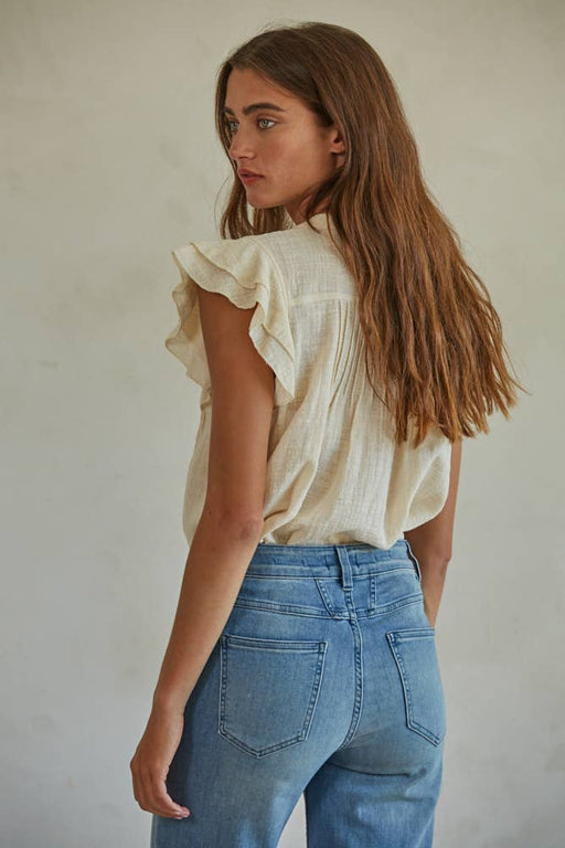 By Together - L6502 | Woven Cotton Linen Button V-Neck Short Sleeve Top - Home & Well 