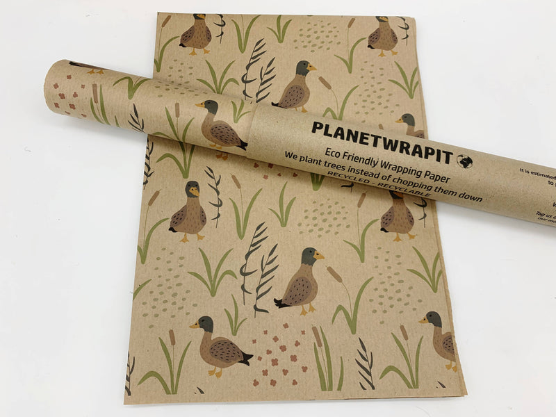 PlanetWrapIt - Duck Print Recycled Kraft Gift Wrapping Paper - Home & Well 