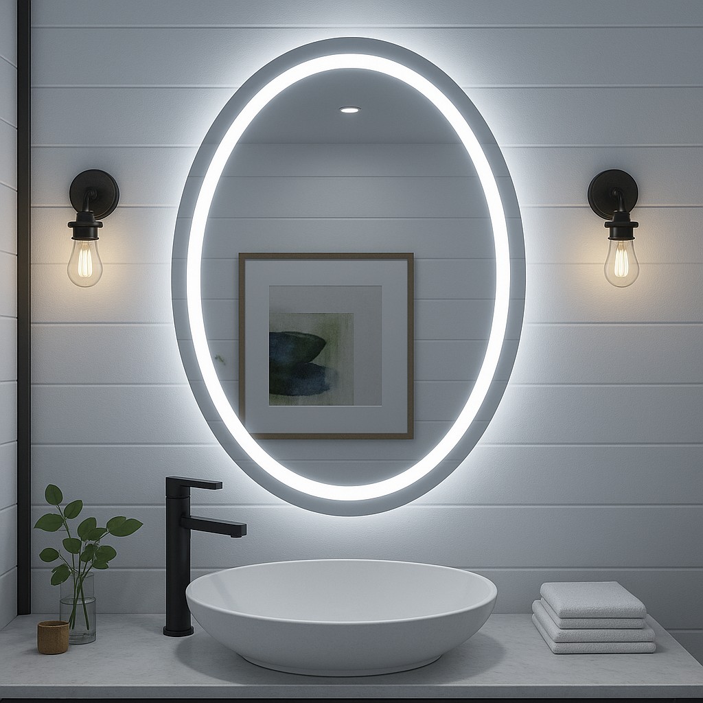 Noir Éclipse Oval LED Bathroom Mirror — Front Glow Frosted Ring + Back ...
