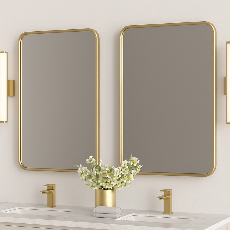 Rounded-Corner Rectangular Bathroom Vanity Mirror — Slim Metal Frame (Matte Black, Brushed Nickel, Brushed Gold)