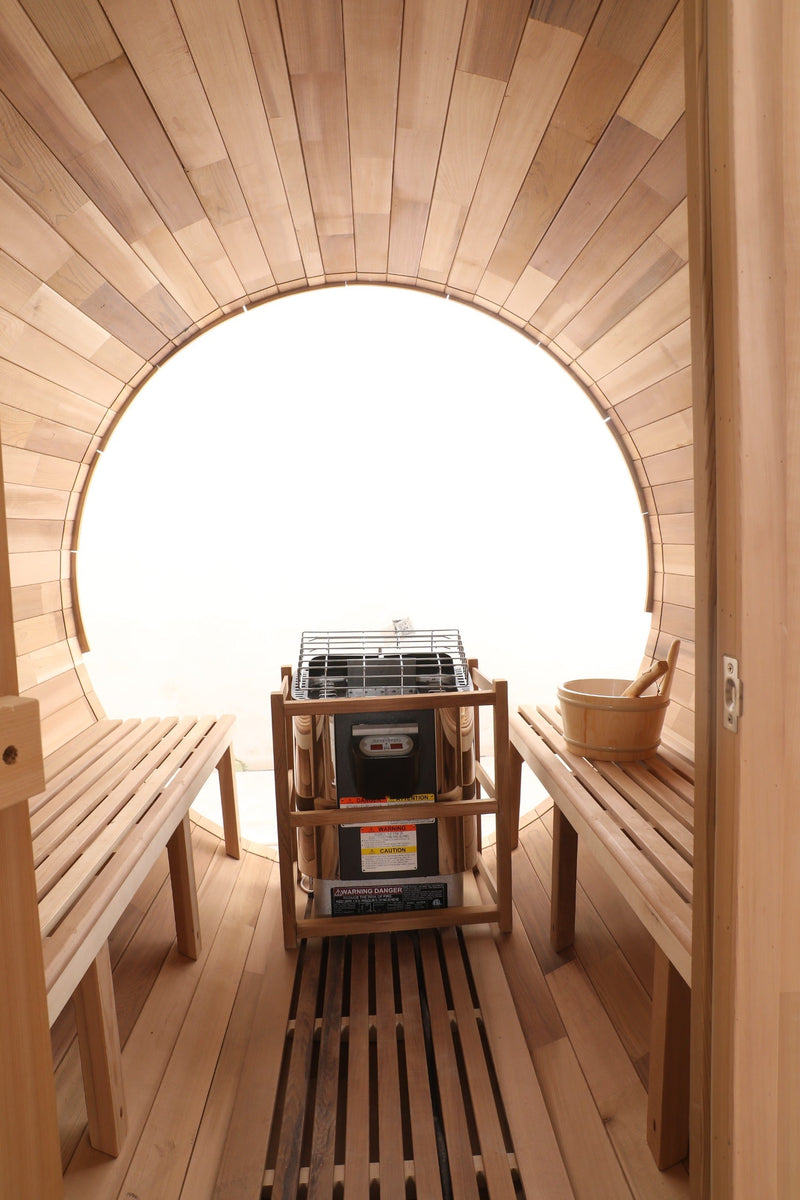 Blisspod | Prague | Canadian Red Cedar Outdoor Steam Barell Sauna, 2-4 / 4-6 persons with Full Glass Back & 2 front Porch seats
