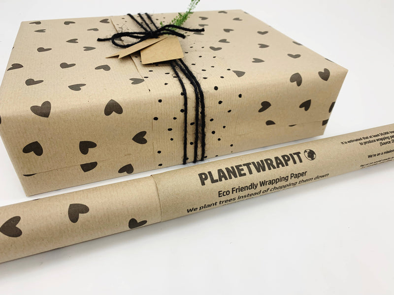 PlanetWrapIt - Black Hearts Recycled Eco Kraft Wrapping Paper - Home & Well 