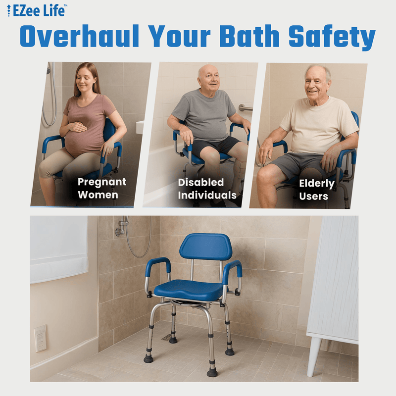 EZee Life CH2075 Swivel Shower Chair – 360° Swivel Seat, Padded Flip-Up Arms, Height Adjustable Legs for Bath Safety & Easy Transfers