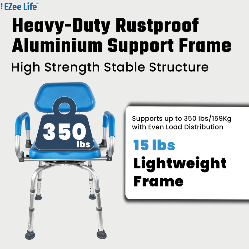 EZee Life CH2075 Swivel Shower Chair – 360° Swivel Seat, Padded Flip-Up Arms, Height Adjustable Legs for Bath Safety & Easy Transfers