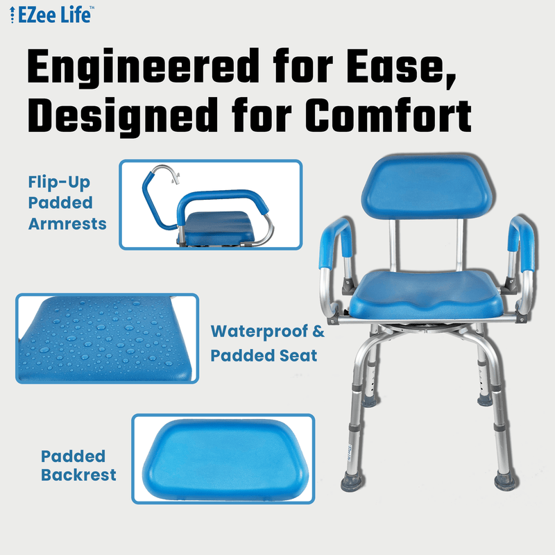 EZee Life CH2075 Swivel Shower Chair – 360° Swivel Seat, Padded Flip-Up Arms, Height Adjustable Legs for Bath Safety & Easy Transfers