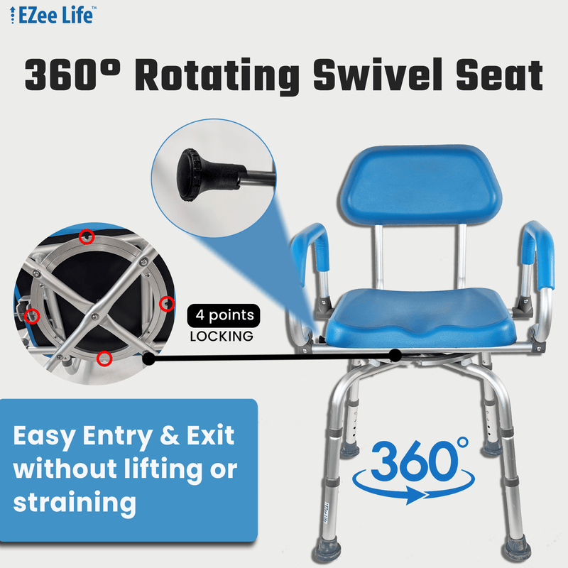 EZee Life CH2075 Swivel Shower Chair – 360° Swivel Seat, Padded Flip-Up Arms, Height Adjustable Legs for Bath Safety & Easy Transfers