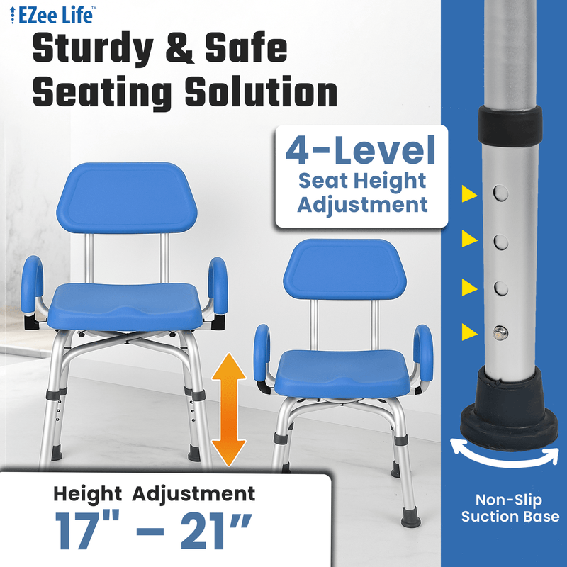 EZee Life CH2075 Swivel Shower Chair – 360° Swivel Seat, Padded Flip-Up Arms, Height Adjustable Legs for Bath Safety & Easy Transfers