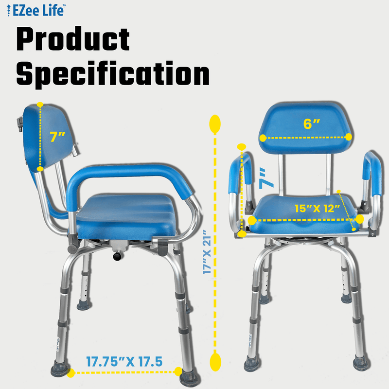 EZee Life CH2075 Swivel Shower Chair – 360° Swivel Seat, Padded Flip-Up Arms, Height Adjustable Legs for Bath Safety & Easy Transfers
