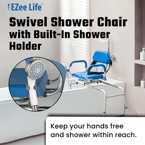 EZee Life Sliding Swivel Padded Transfer Bench – 360° Swivel Shower Chair with Sliding Seat, Flip-Up Arms & Height Adjustable Legs for Safe, Comfortable Bath Transfers