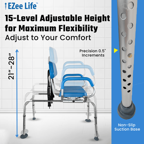 EZee Life Sliding Swivel Padded Transfer Bench – 360° Swivel Shower Chair with Sliding Seat, Flip-Up Arms & Height Adjustable Legs for Safe, Comfortable Bath Transfers