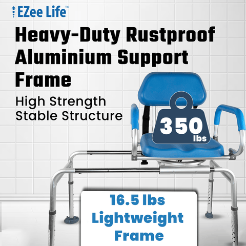 EZee Life Sliding Swivel Padded Transfer Bench – 360° Swivel Shower Chair with Sliding Seat, Flip-Up Arms & Height Adjustable Legs for Safe, Comfortable Bath Transfers