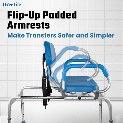 EZee Life Sliding Swivel Padded Transfer Bench – 360° Swivel Shower Chair with Sliding Seat, Flip-Up Arms & Height Adjustable Legs for Safe, Comfortable Bath Transfers