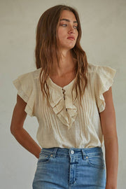By Together - L6502 | Woven Cotton Linen Button V-Neck Short Sleeve Top - Home & Well 