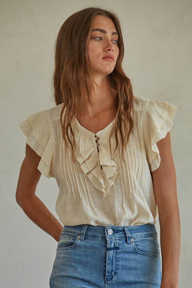 By Together - L6502 | Woven Cotton Linen Button V-Neck Short Sleeve Top - Home & Well 