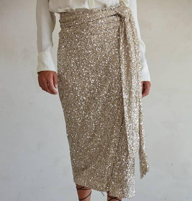 By Together - L7576 | Sequin Side Tie Strap Detail Wrap Midi Skirt - Home & Well