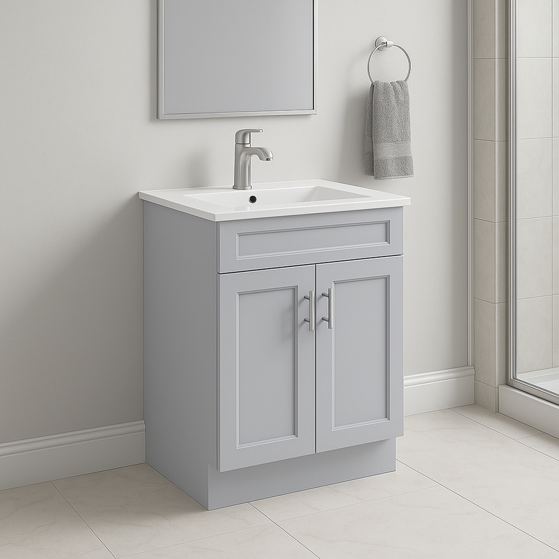 30-Inch Shaker Bathroom Vanity — White or Gray | Plywood Cabinet, Solid-Wood Doors, Soft-Close 3-Way Clip-On Hinges, Natural Wood Interior
