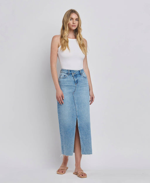 VERVET by FLYING MONKEY Criss cross front slit jean maxi skirt - Home & Well