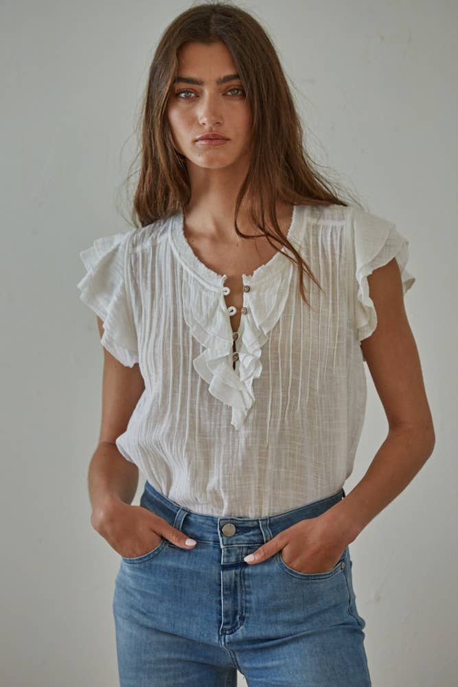 By Together - L6502 | Woven Cotton Linen Button V-Neck Short Sleeve Top - Home & Well 